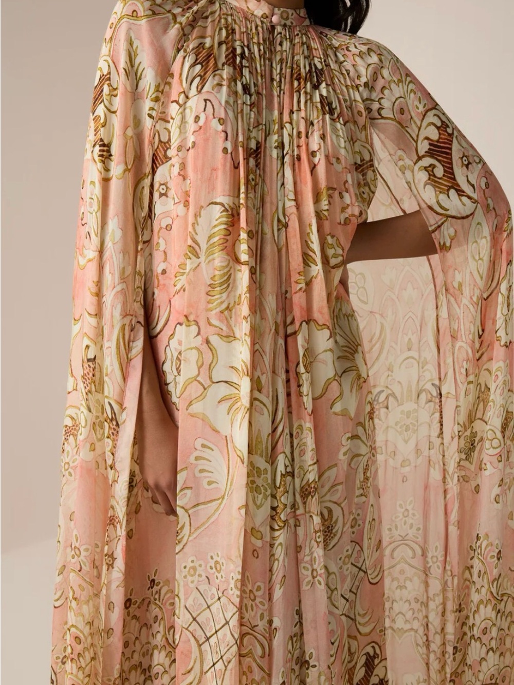 HEMANT & NANDITA Pink and Gold Floral Maxi Cape Dress - Picture 4 of 13